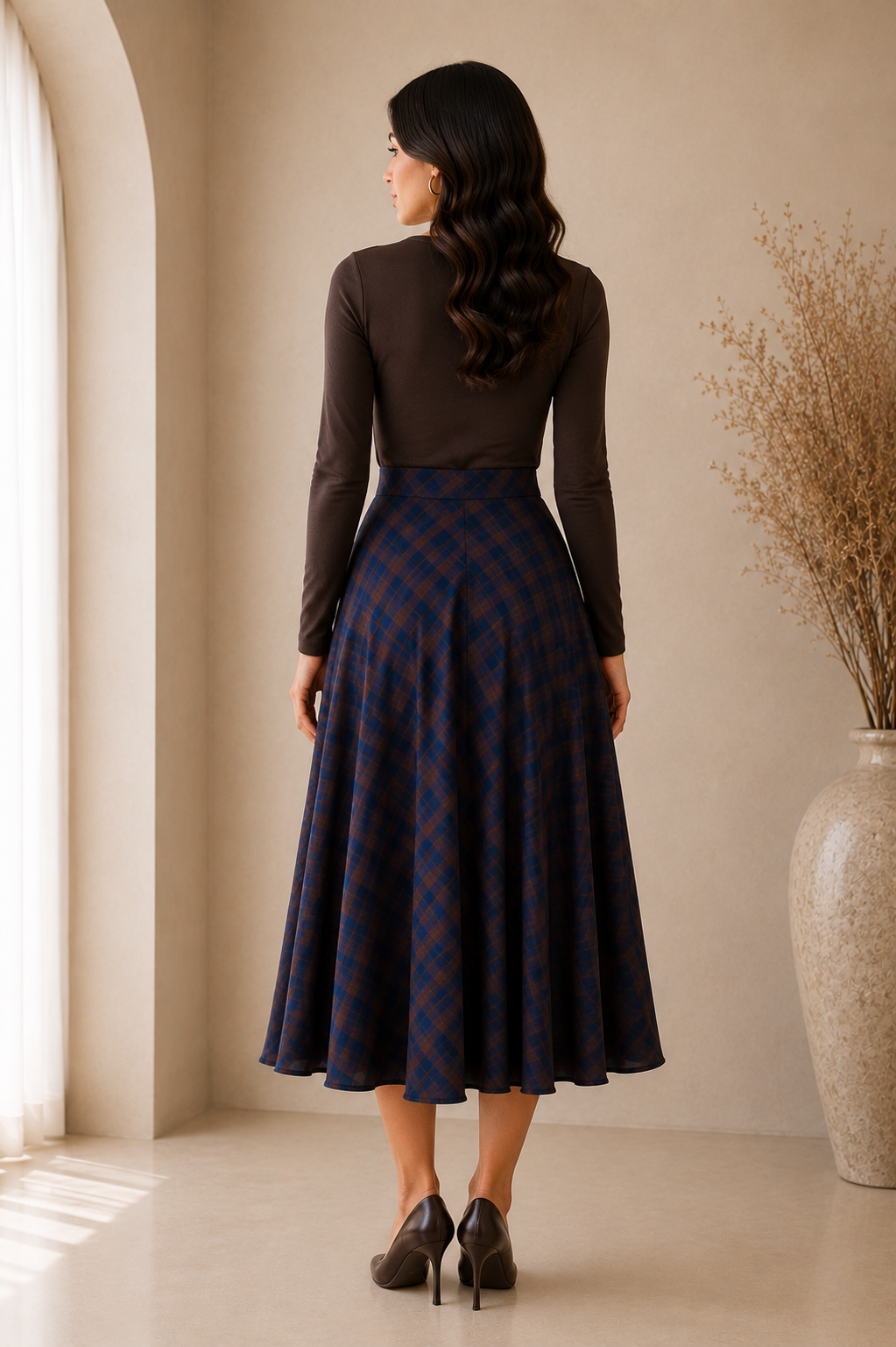 Plaid Flare Midi Skirt