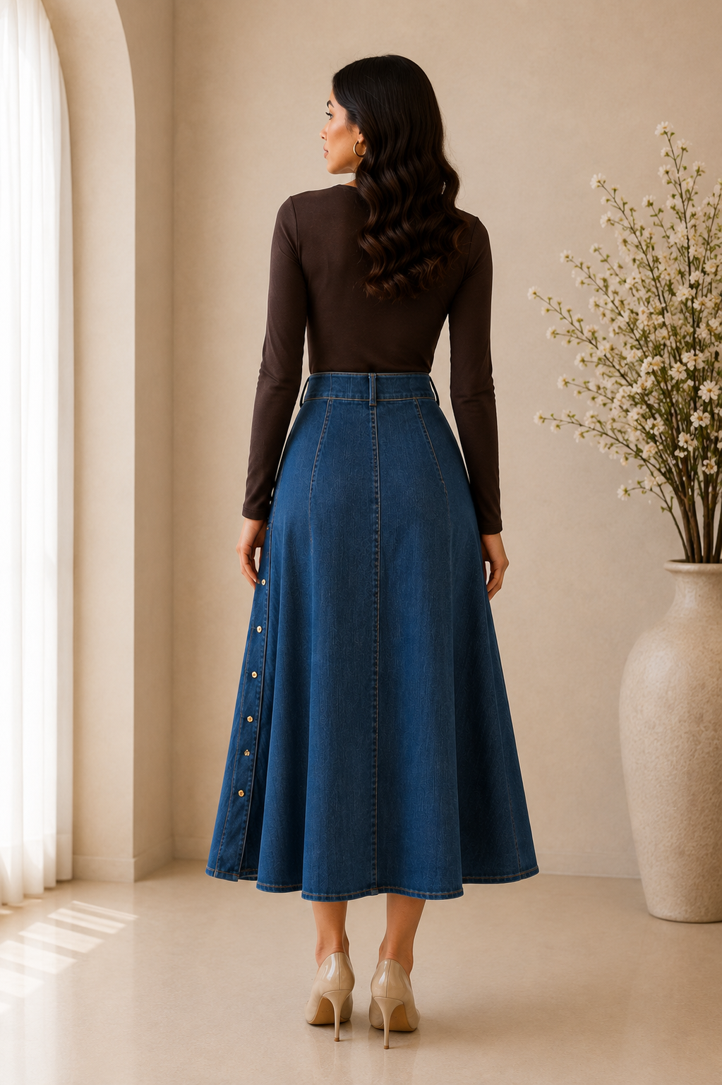 A-Line Denim Midi Skirt