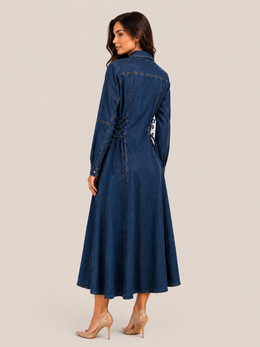 Lace-Up Waist Denim Maxi Dress
