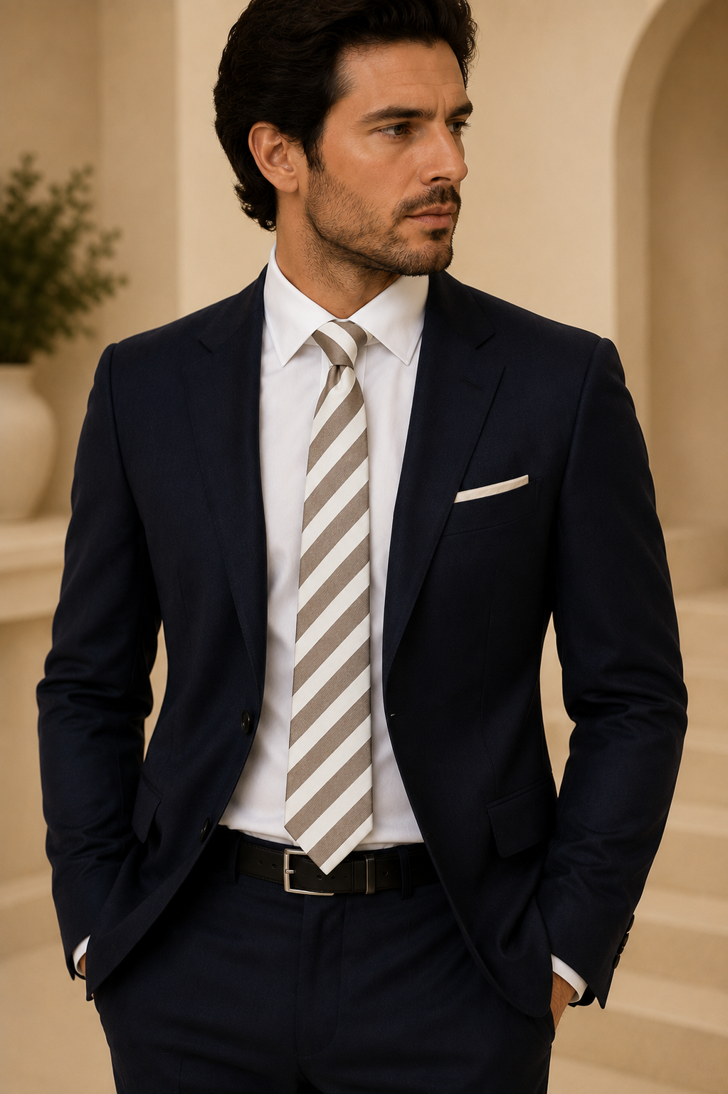 Taupe & Ivory Stripe Silk Tie