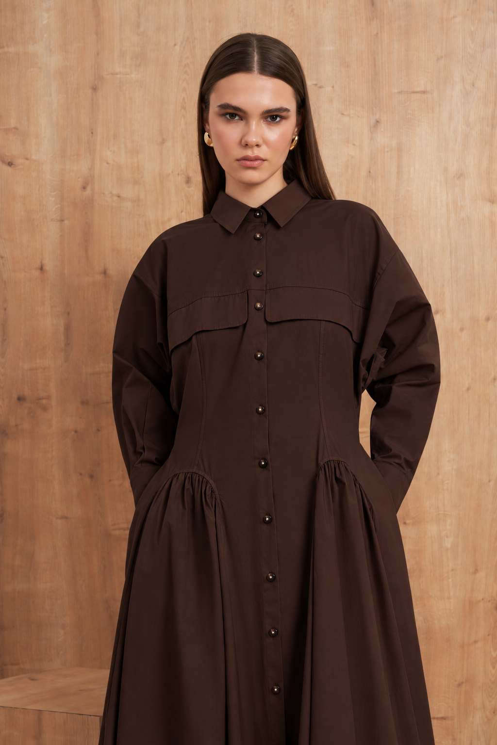 Button-Front Flared Shirt Dress