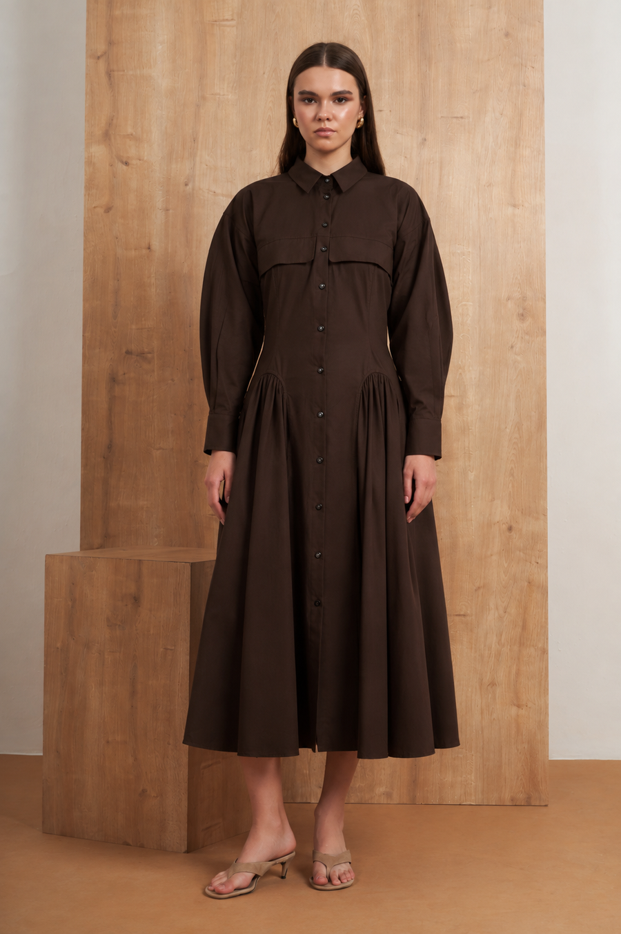 Button-Front Flared Shirt Dress