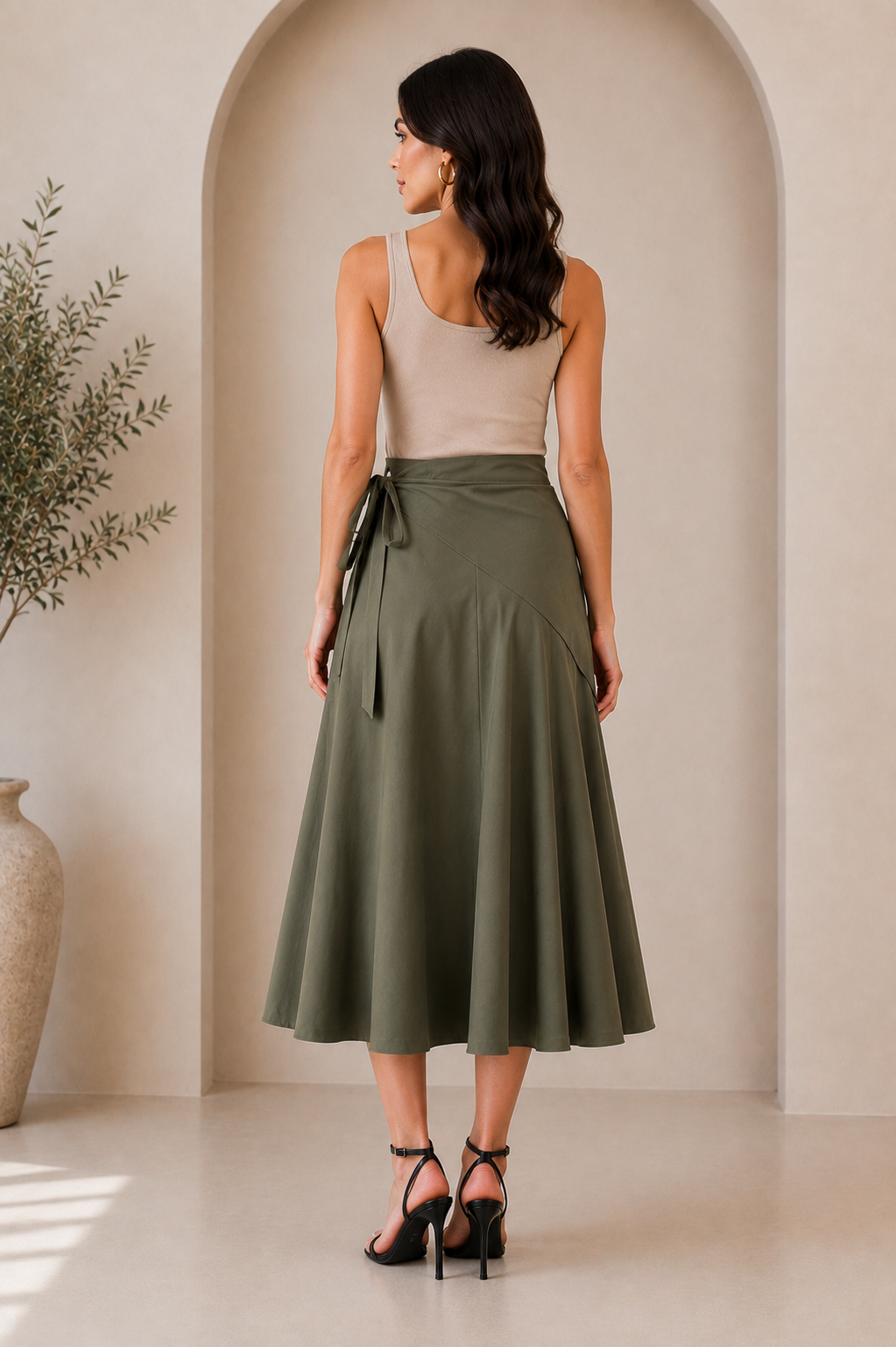 Draped Tie-Waist Midi Skirt