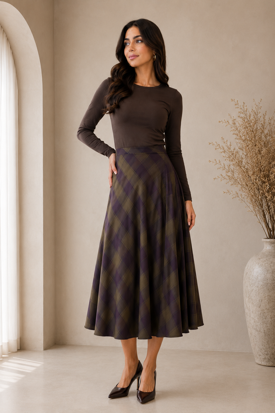 Plaid Flare Midi Skirt