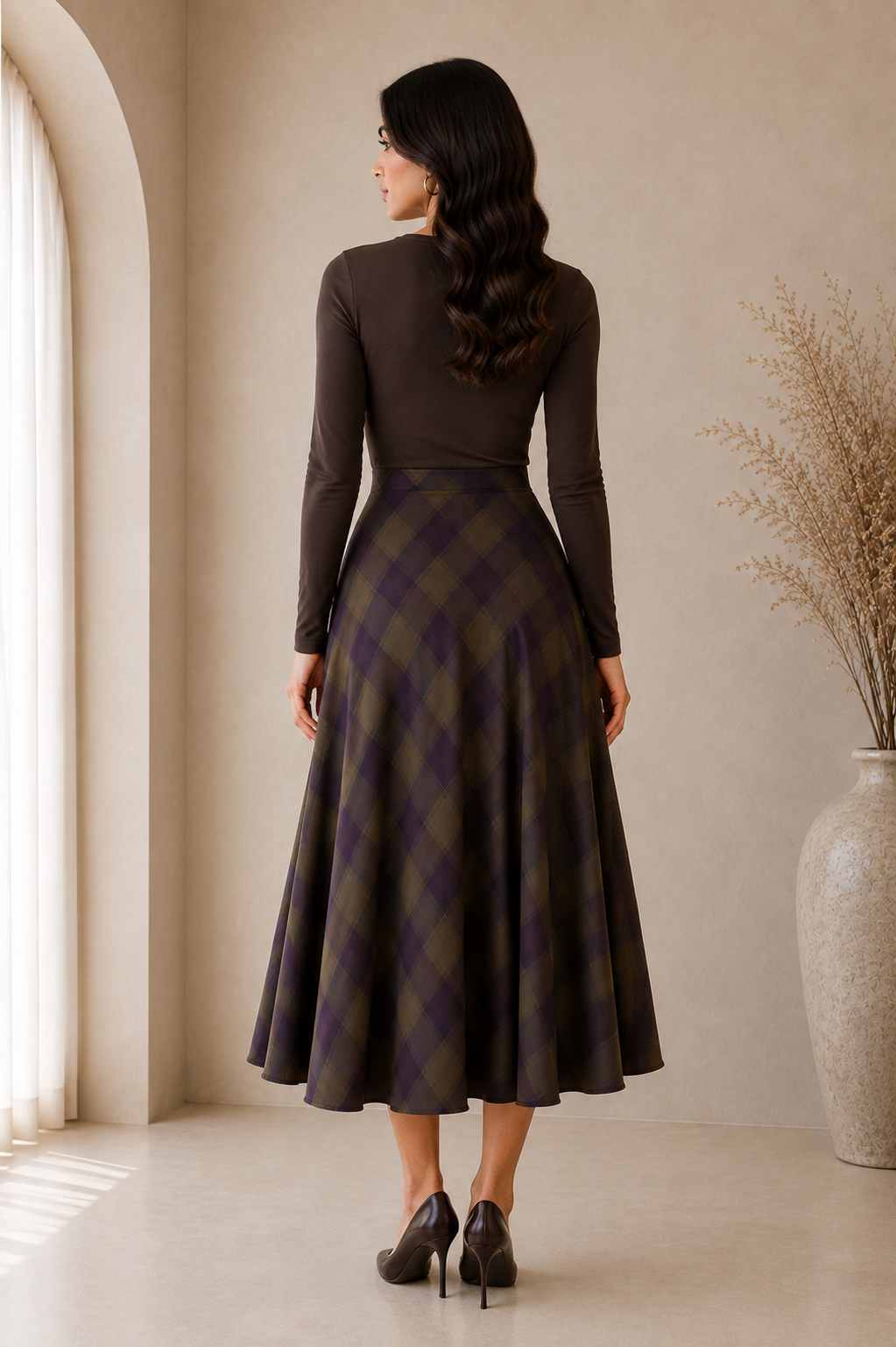 Plaid Flare Midi Skirt