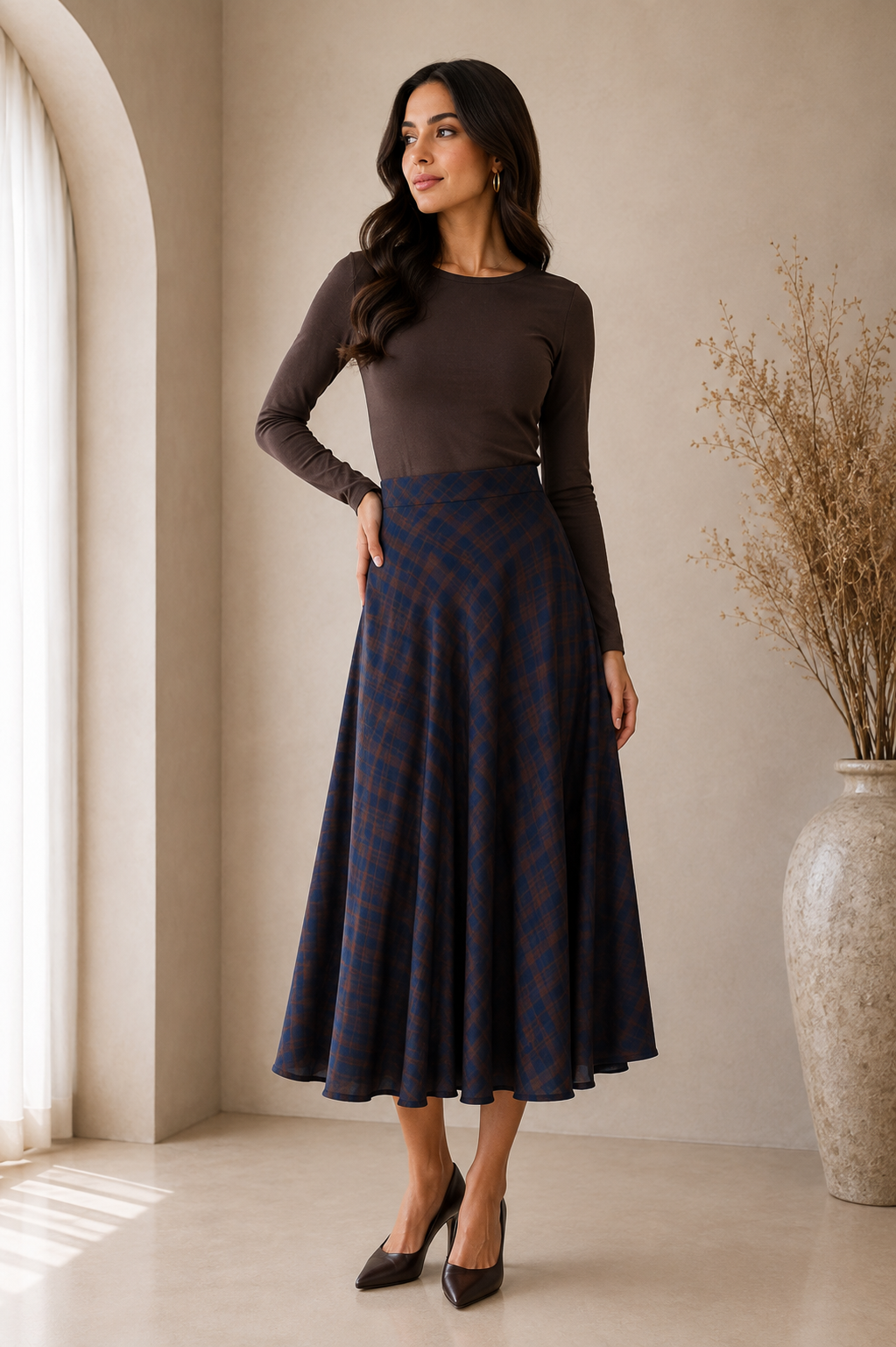 Plaid Flare Midi Skirt