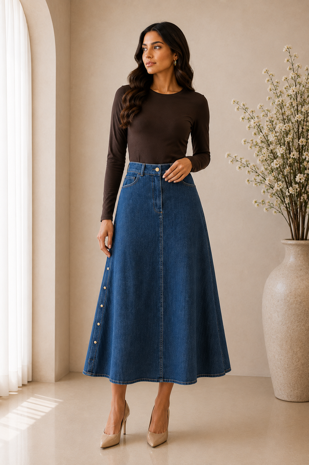 A-Line Denim Midi Skirt