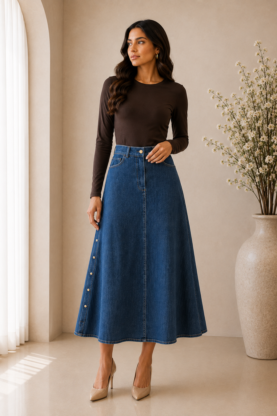 A-Line Denim Midi Skirt