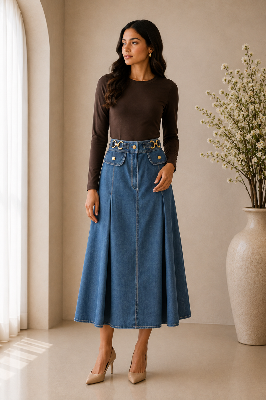 Tailored Hardware Pleated Midi Skirt