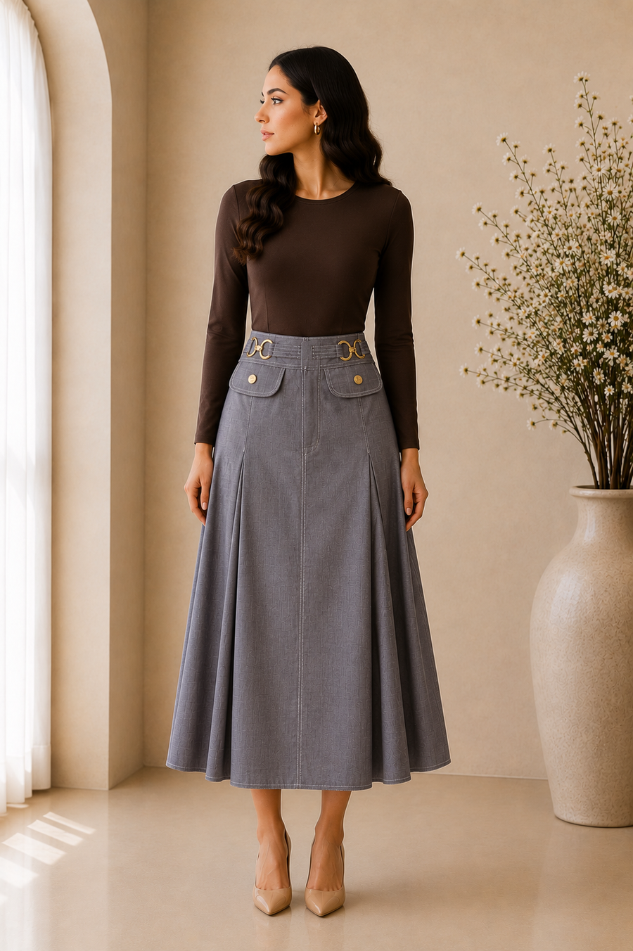 Tailored Hardware Pleated Midi Skirt