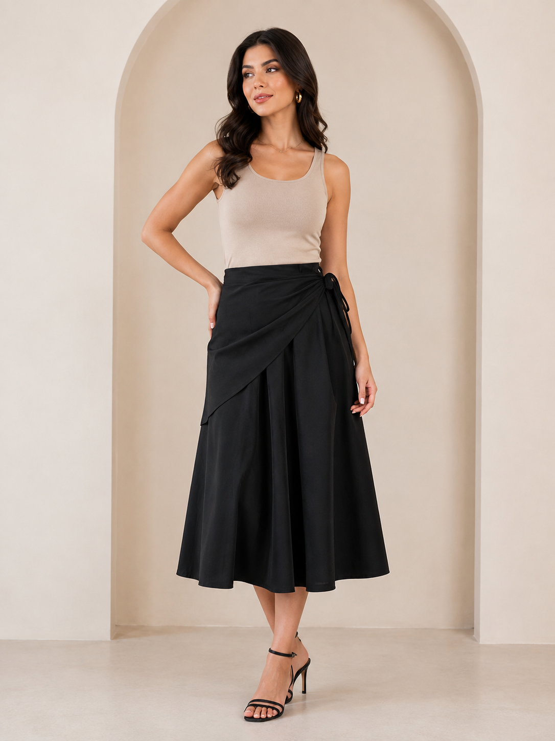 Draped Tie-Waist Midi Skirt
