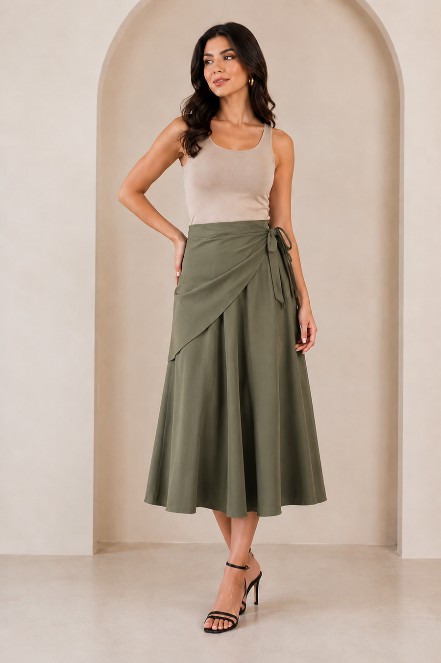 Draped Tie-Waist Midi Skirt