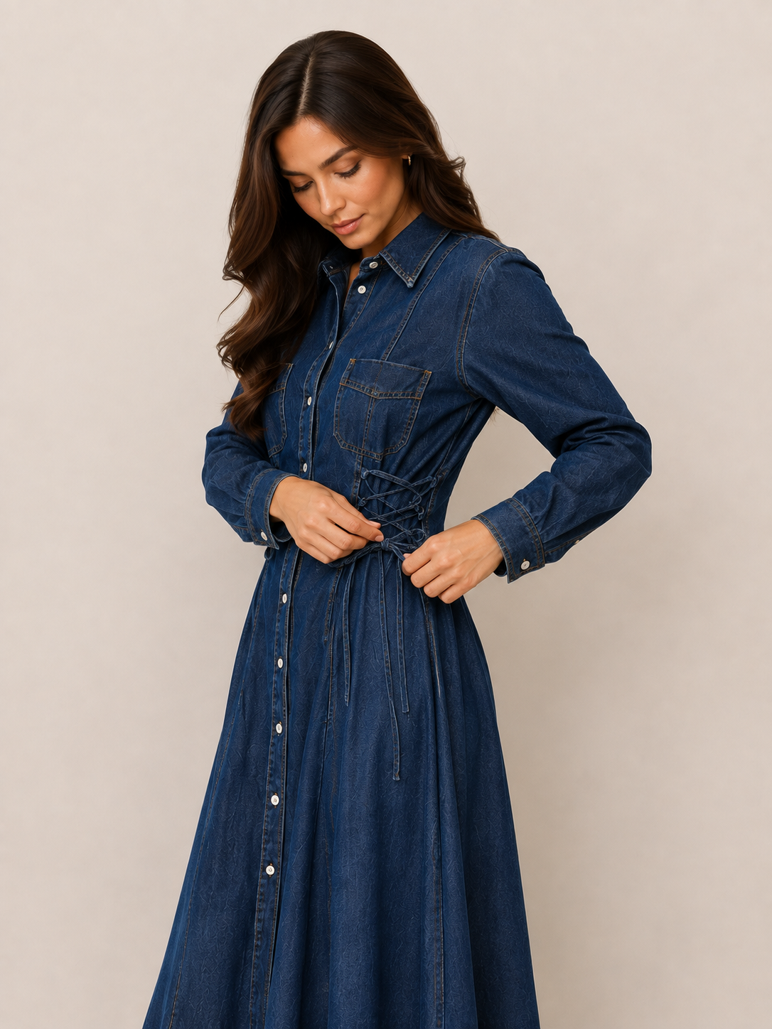 Lace-Up Waist Denim Maxi Dress
