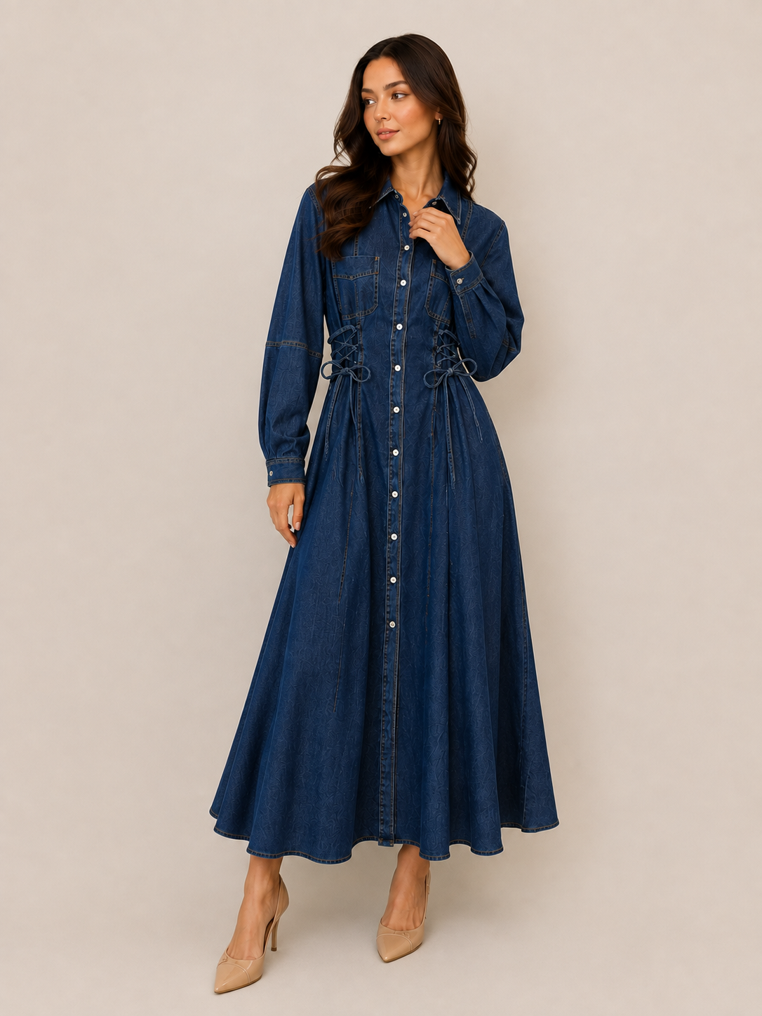 Lace-Up Waist Denim Maxi Dress