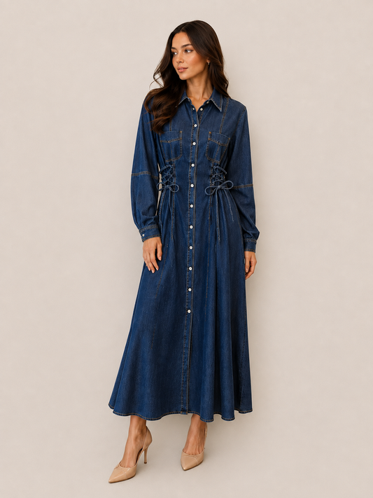 Lace-Up Waist Denim Maxi Dress