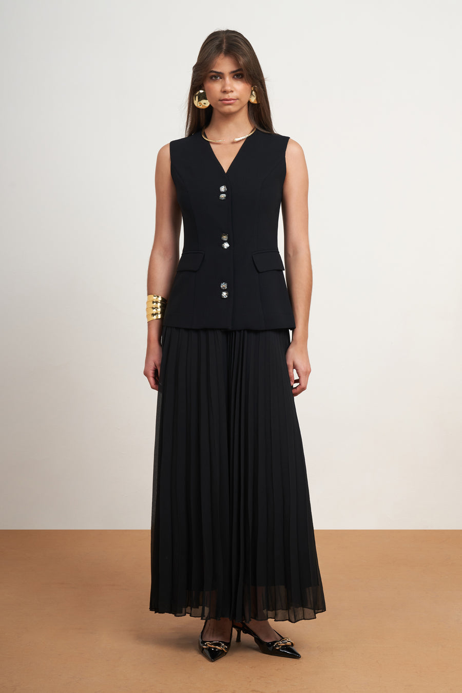 Elegant Pleated Skirt Set with Tailored Vest