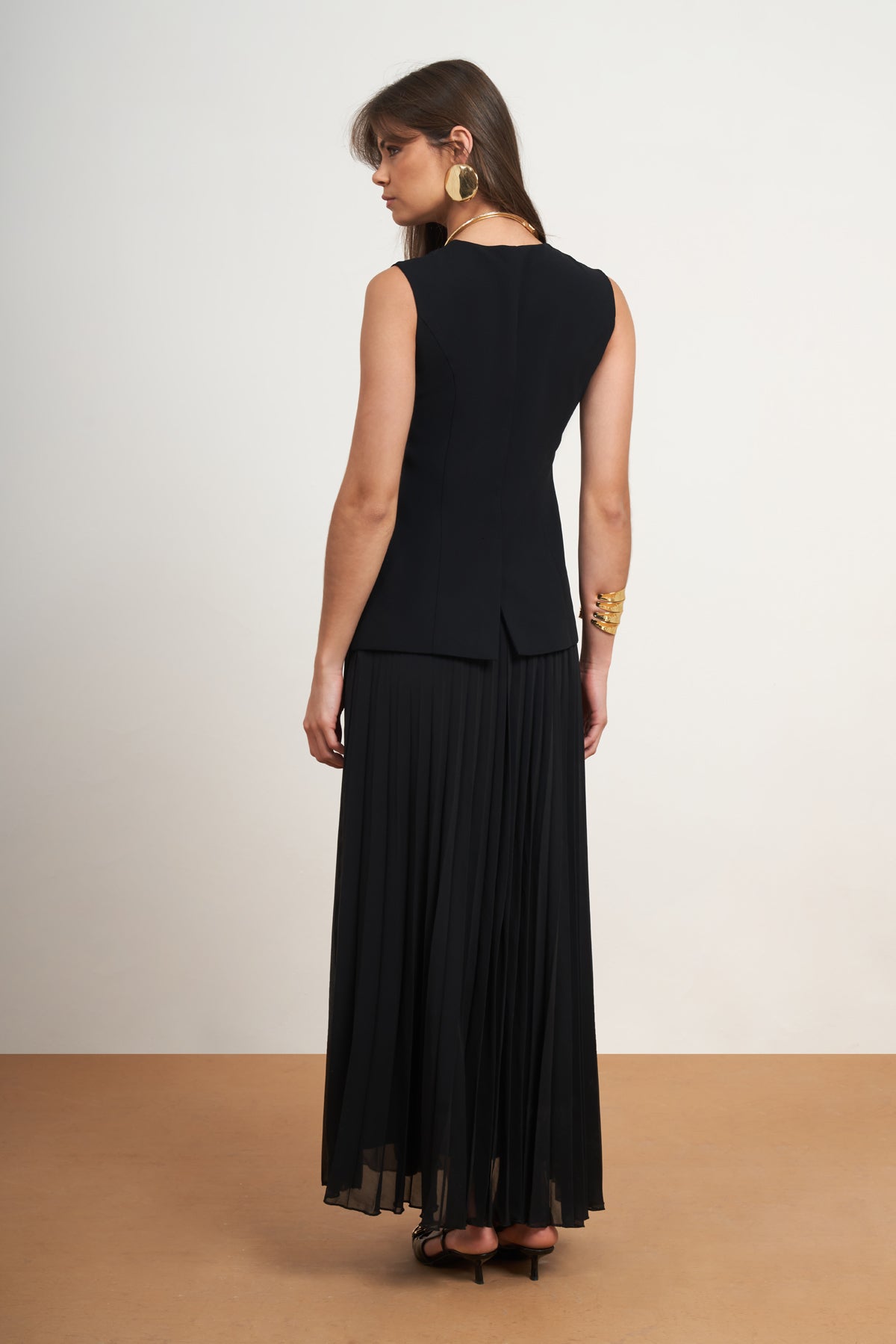 Elegant Pleated Skirt Set with Tailored Vest