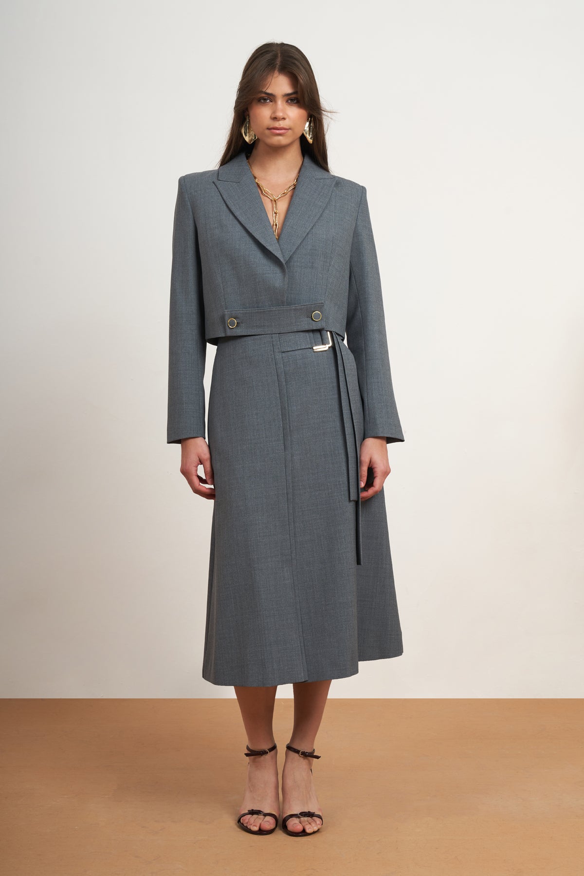 Belted Blazer & Wrap Midi Skirt Set