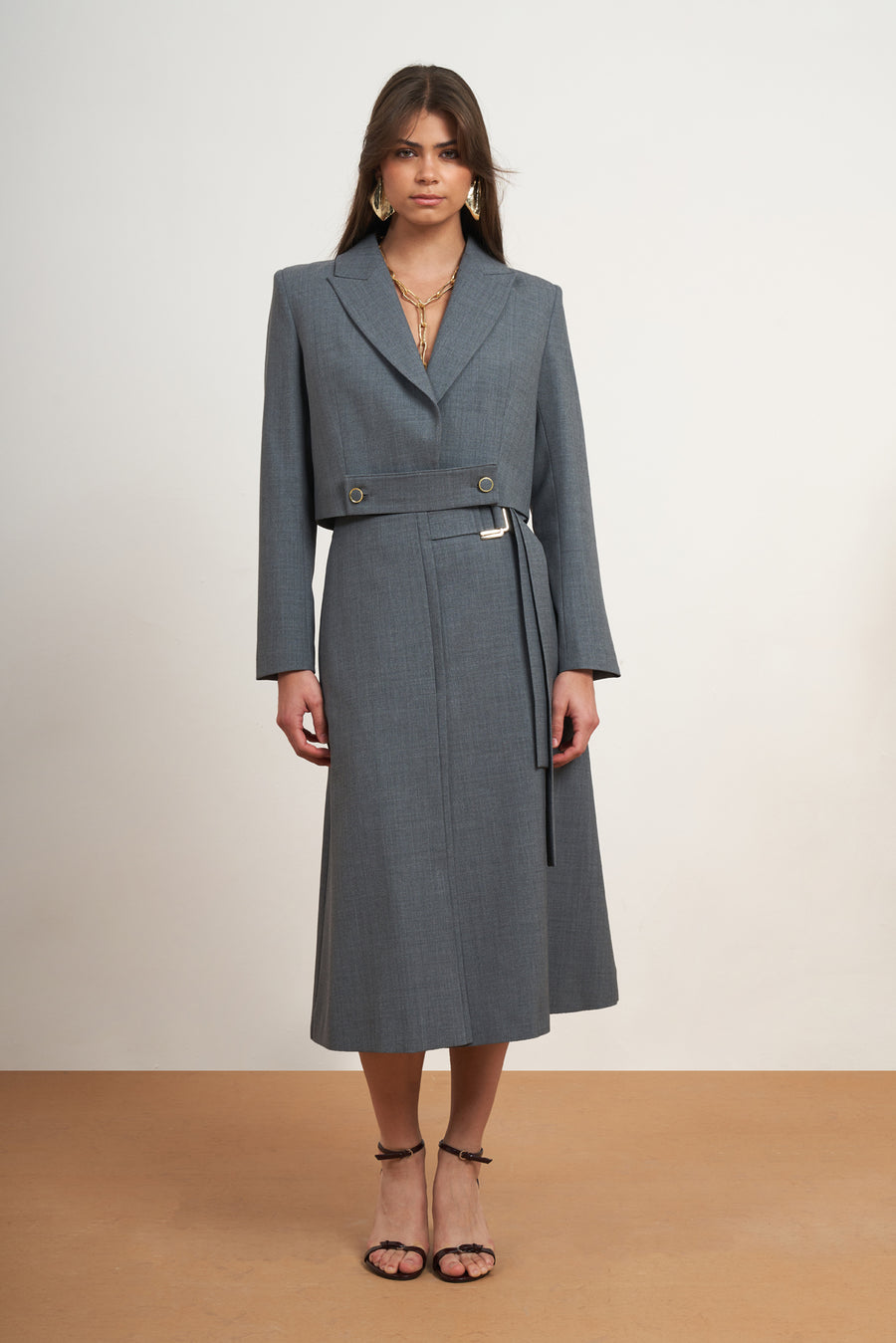 Belted Blazer & Wrap Midi Skirt Set