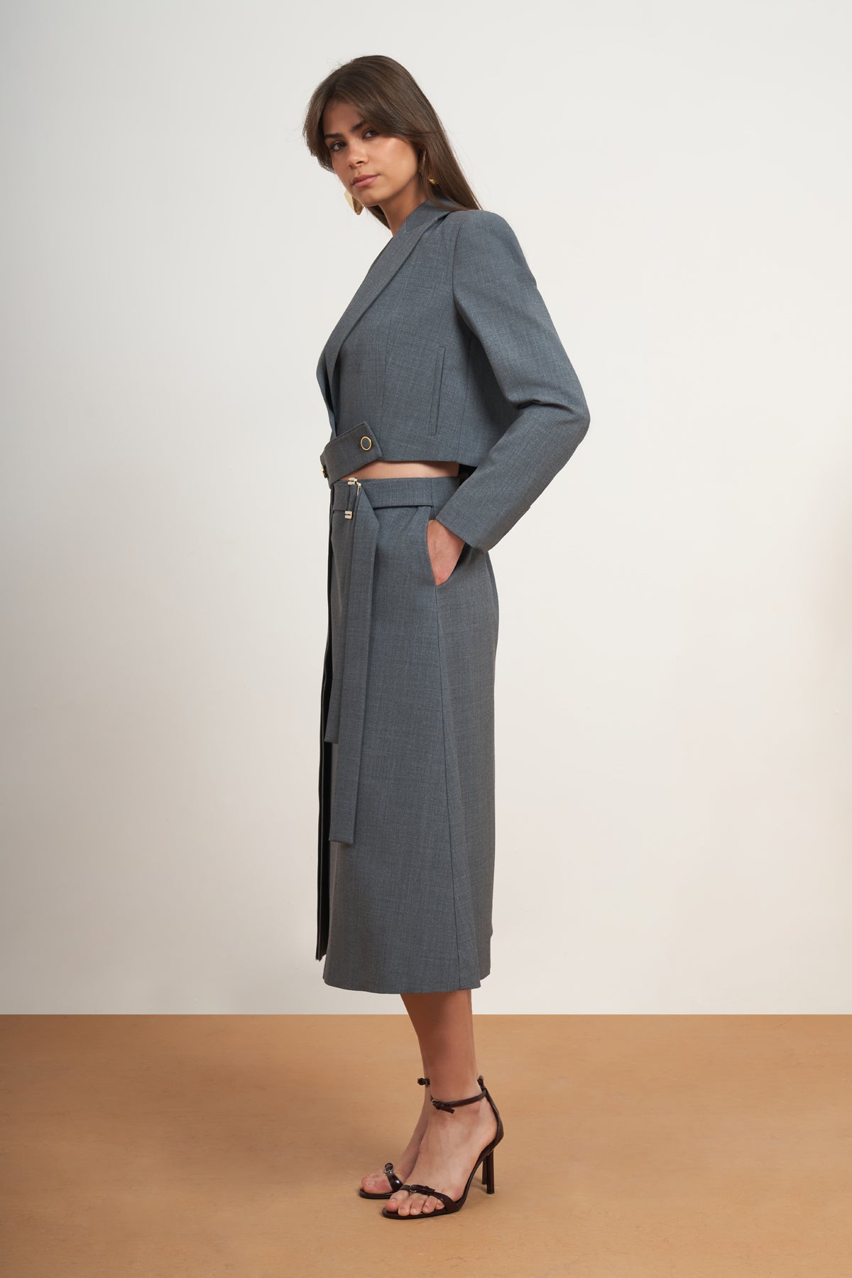 Belted Blazer & Wrap Midi Skirt Set