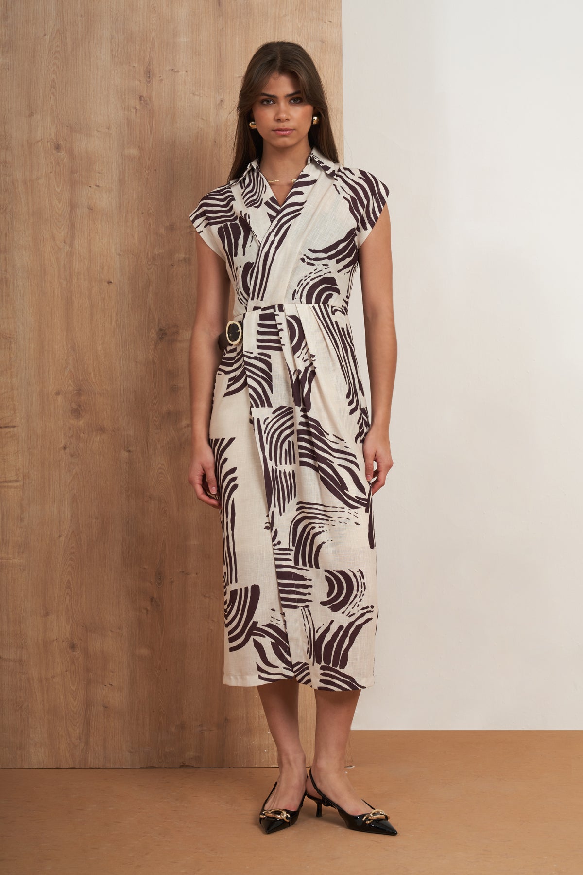 Abstract Belted Midi Dress