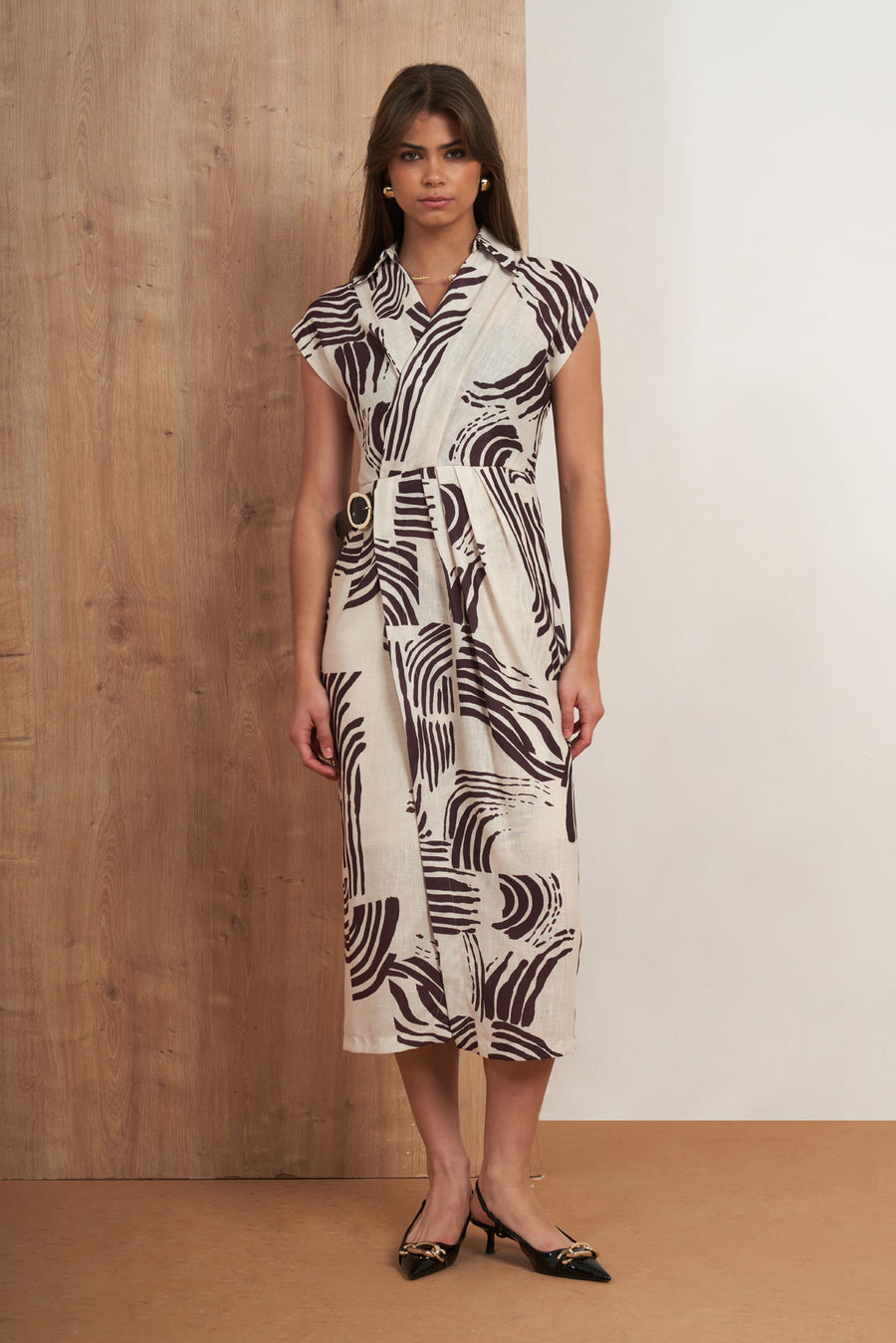 Abstract Belted Midi Dress