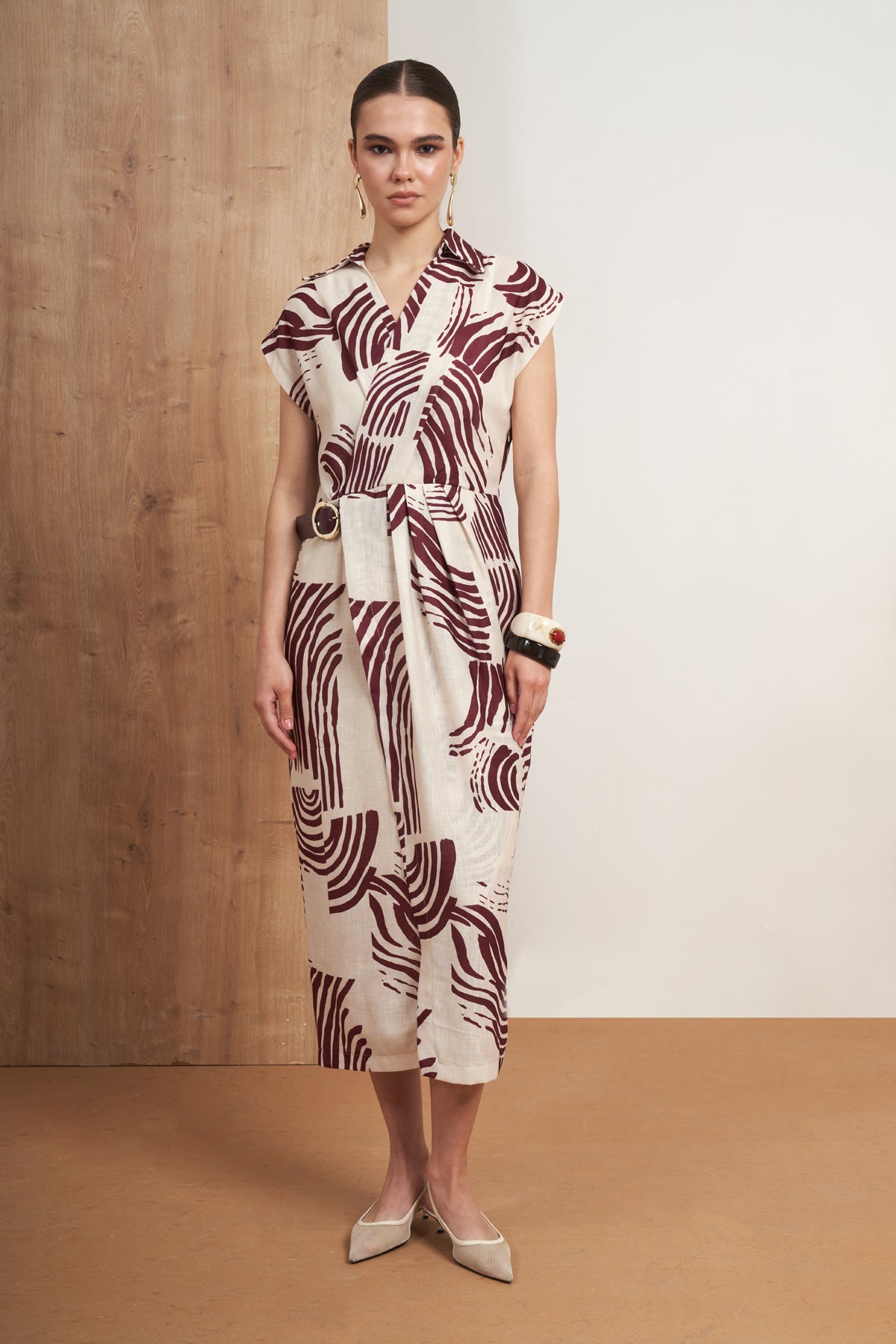 Abstract Belted Midi Dress