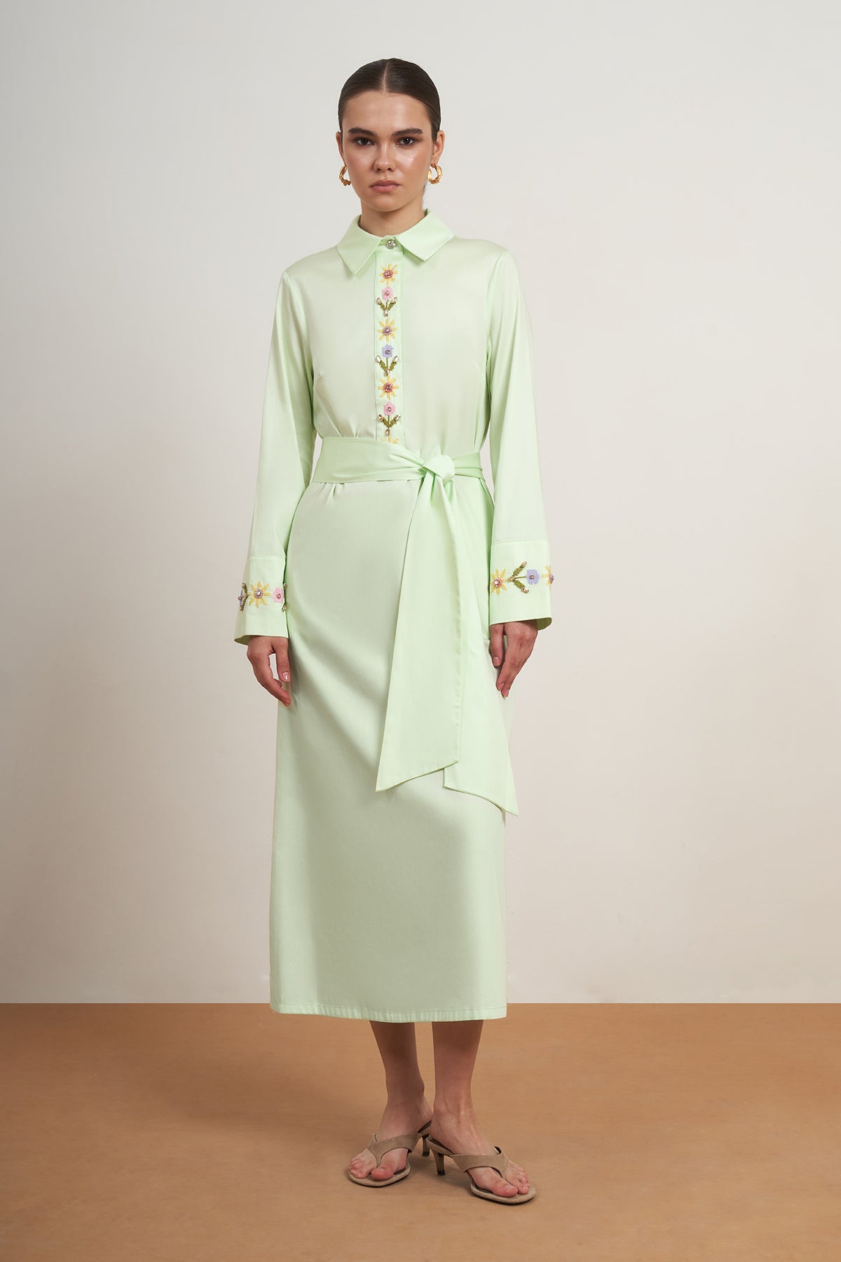 Floral Embellished Belted Shirt Dress