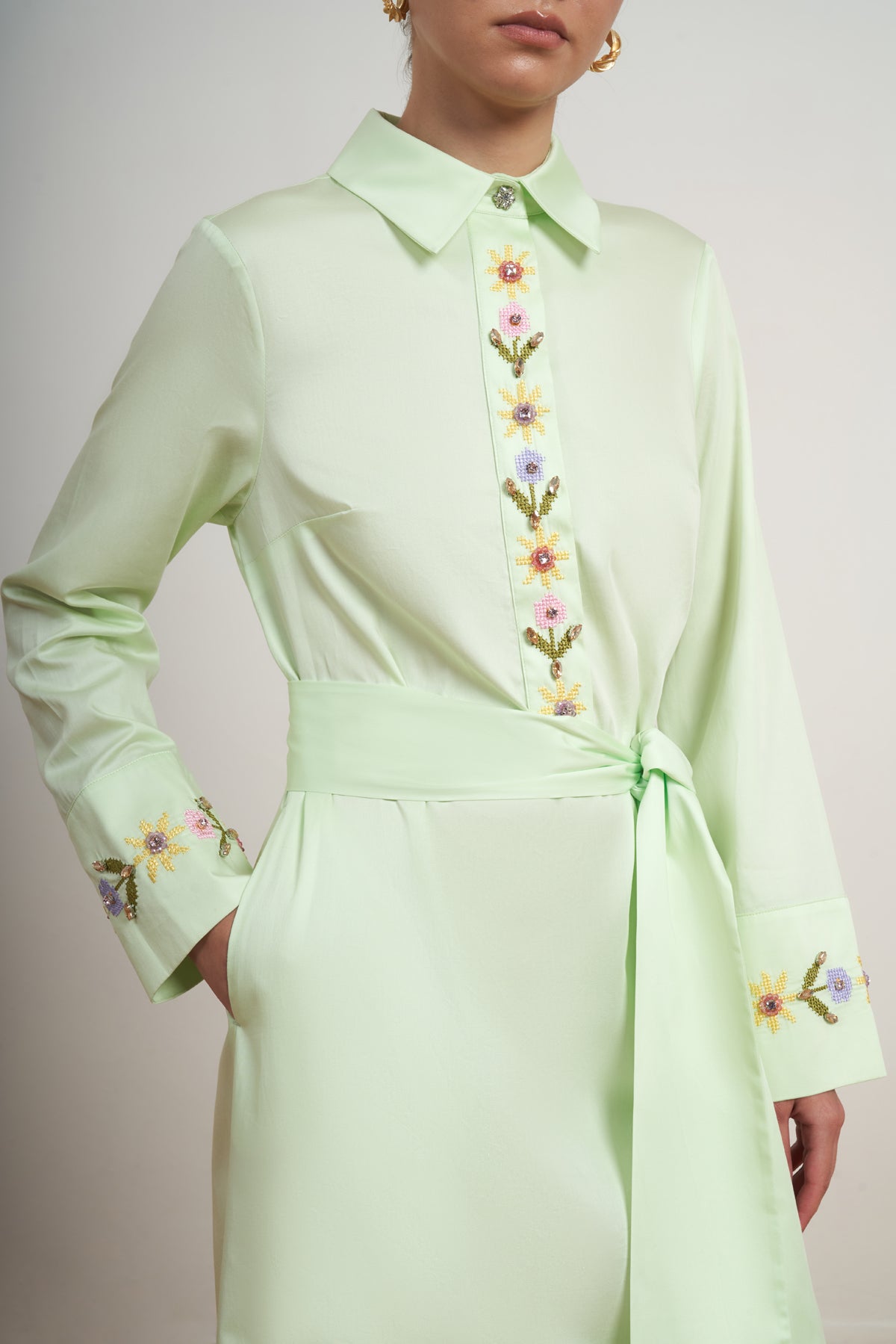 Floral Embellished Belted Shirt Dress