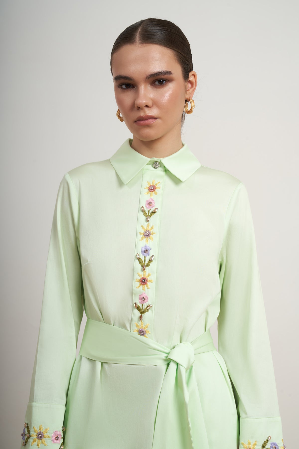 Floral Embellished Belted Shirt Dress