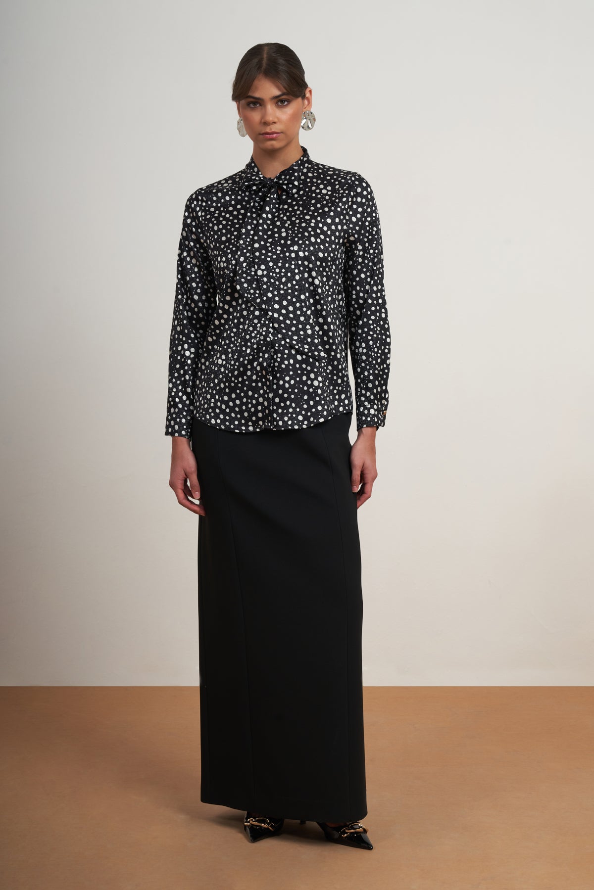 Polka Dot Tie-Neck Blouse