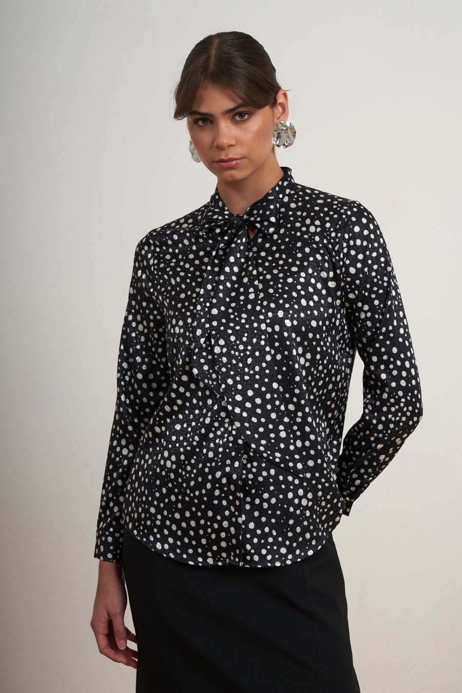 Polka Dot Tie-Neck Blouse