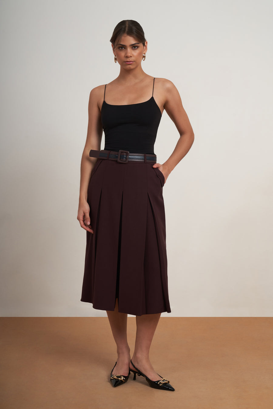 Belted Pleated Midi Skirt