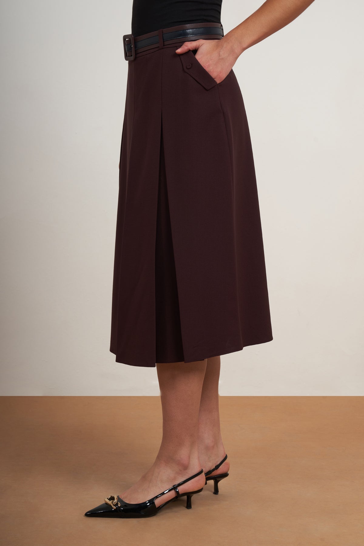 Belted Pleated Midi Skirt