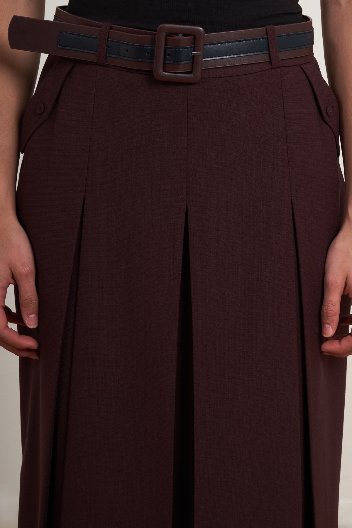 Belted Pleated Midi Skirt