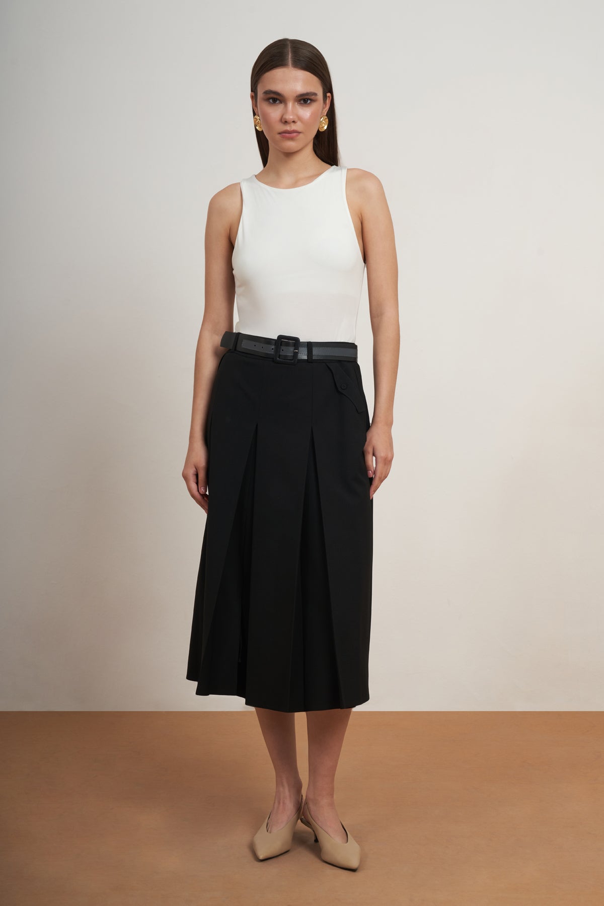 Belted Pleated Midi Skirt