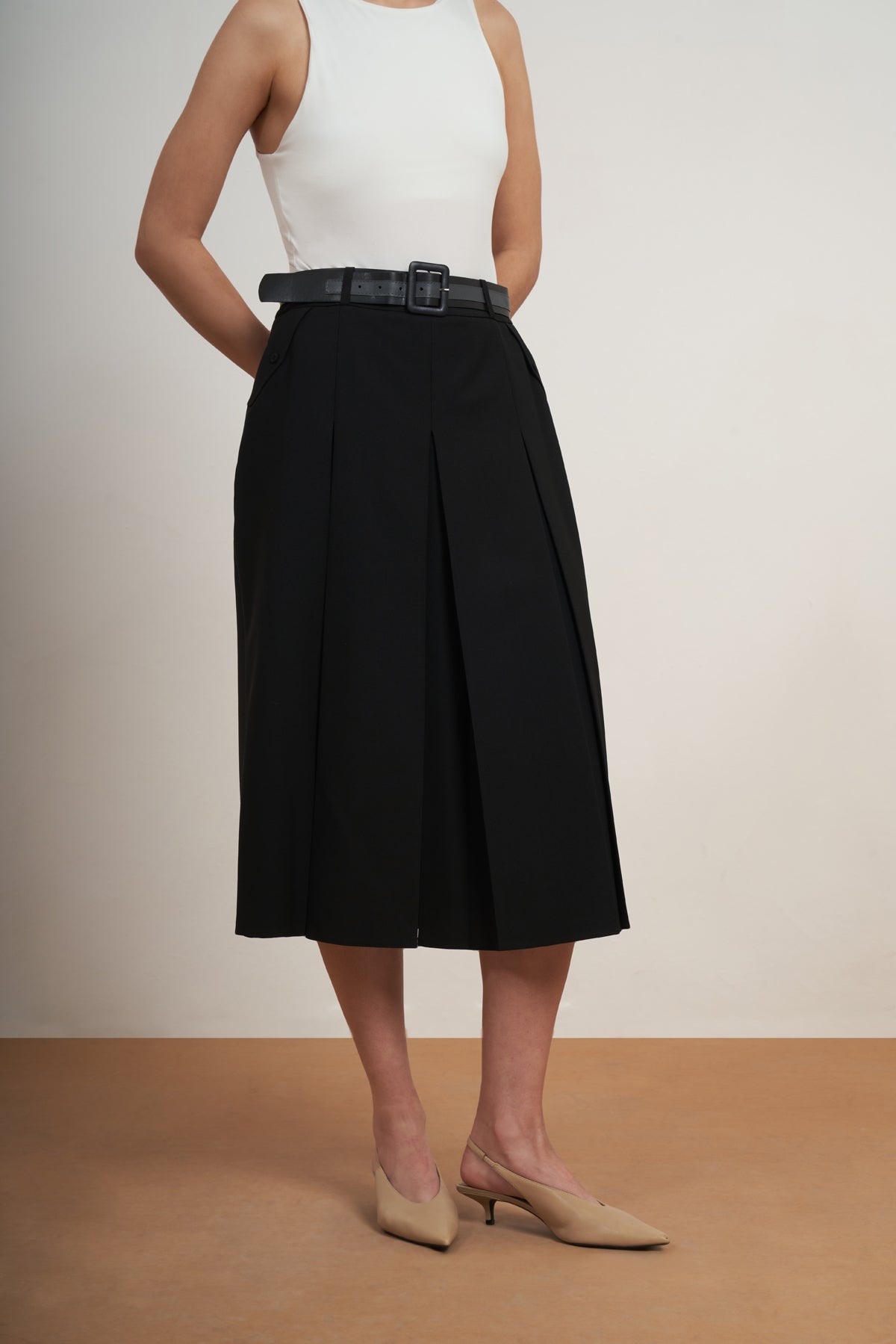 Belted Pleated Midi Skirt