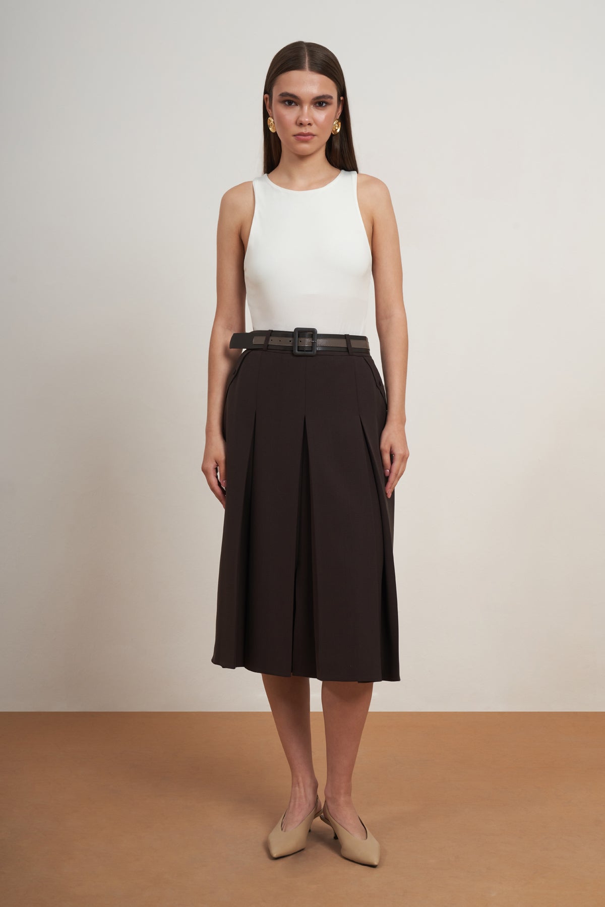 Belted Pleated Midi Skirt