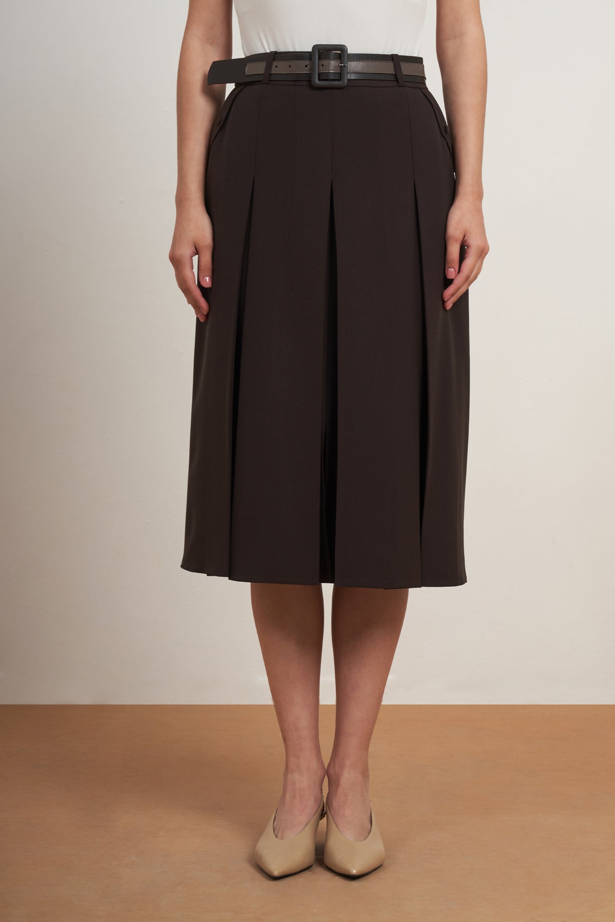 Belted Pleated Midi Skirt