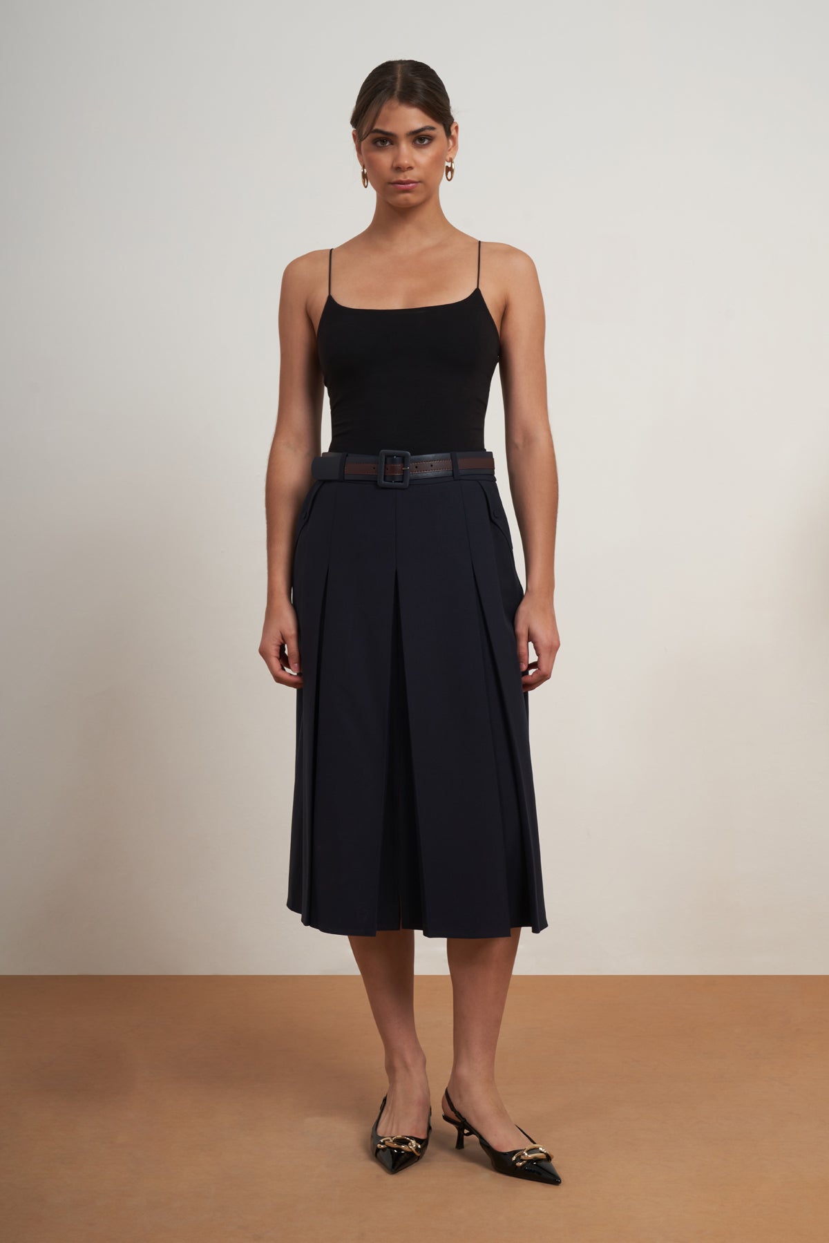 Belted Pleated Midi Skirt