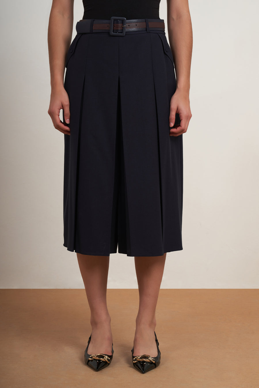 Belted Pleated Midi Skirt