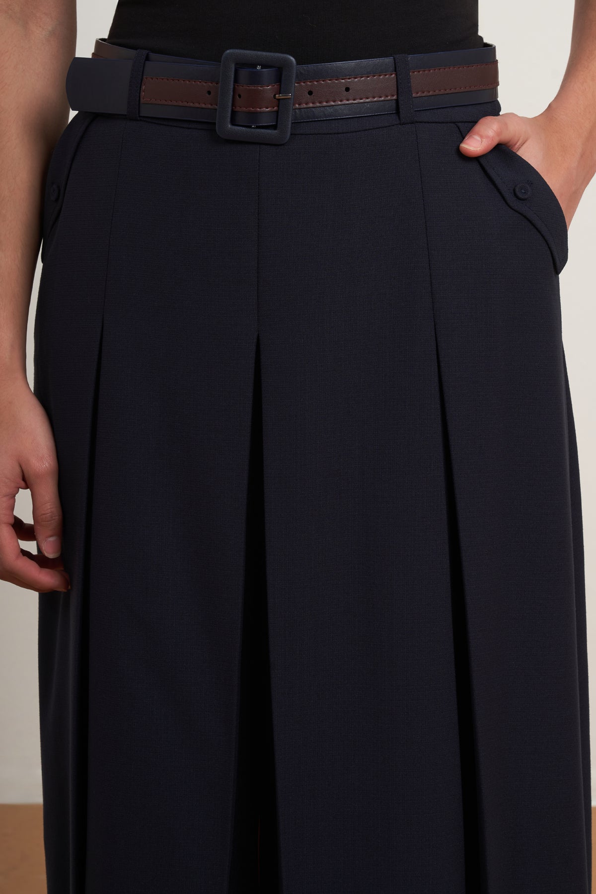 Belted Pleated Midi Skirt