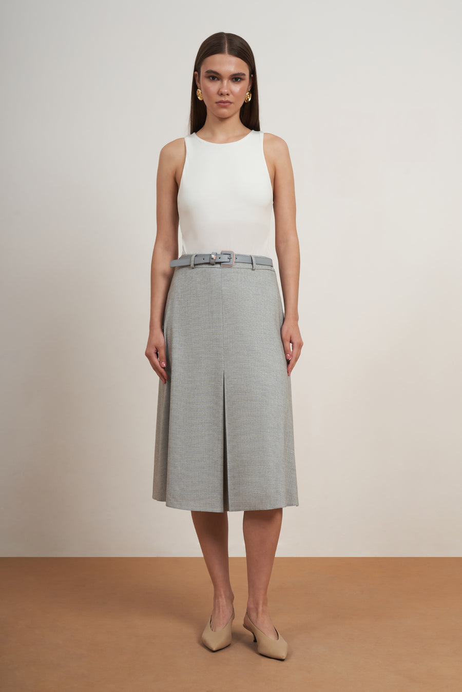 Belted A-Line Midi Skirt