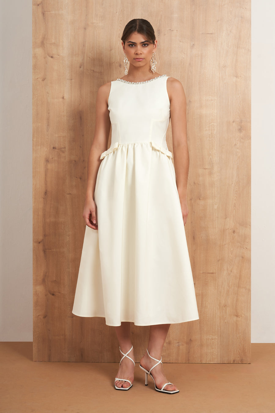 Crystal Neckline A-Line Midi Dress