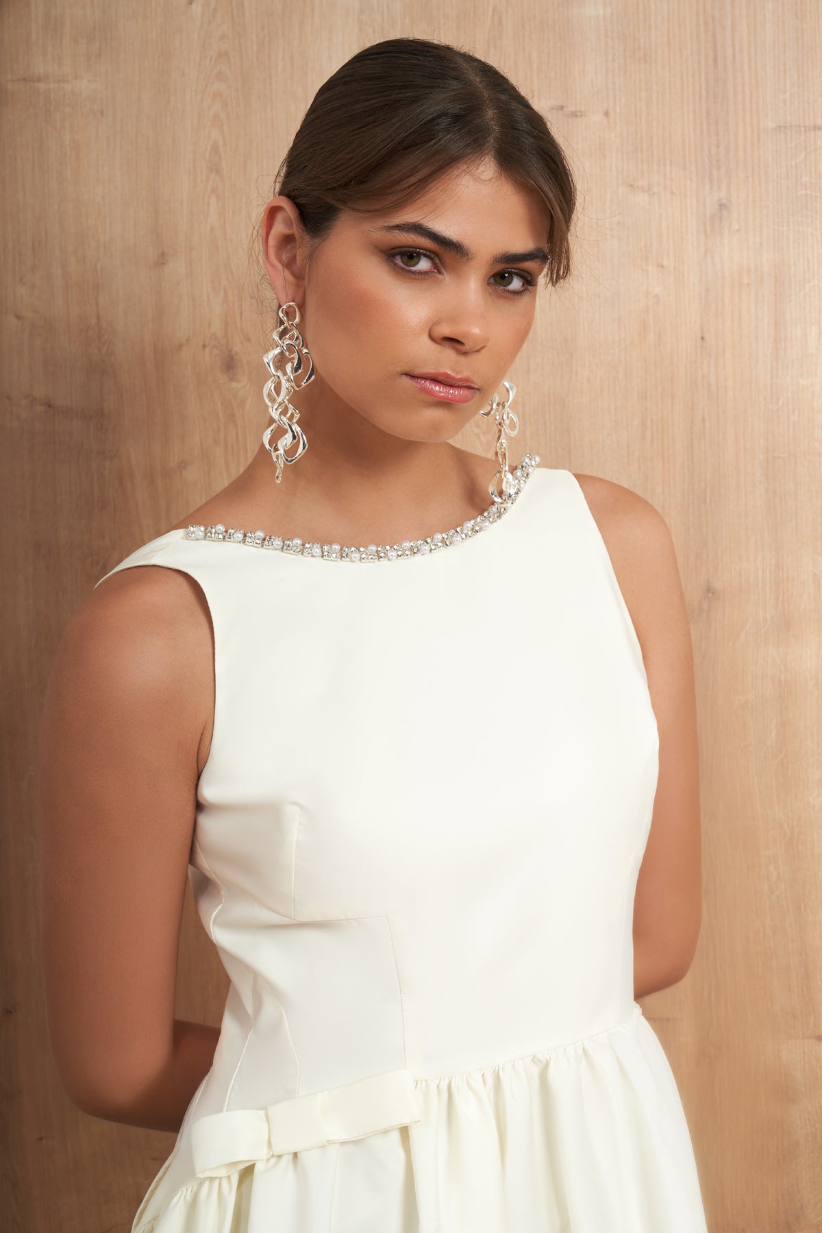 Crystal Neckline A-Line Midi Dress