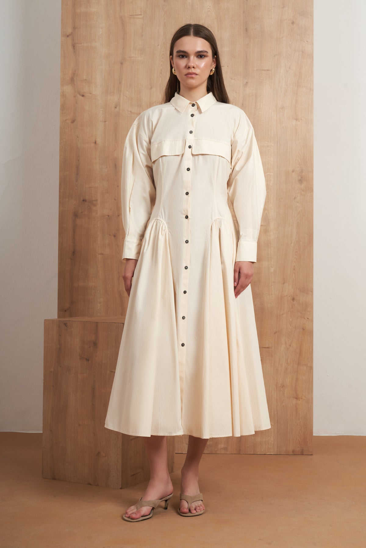 Button-Front Flared Shirt Dress
