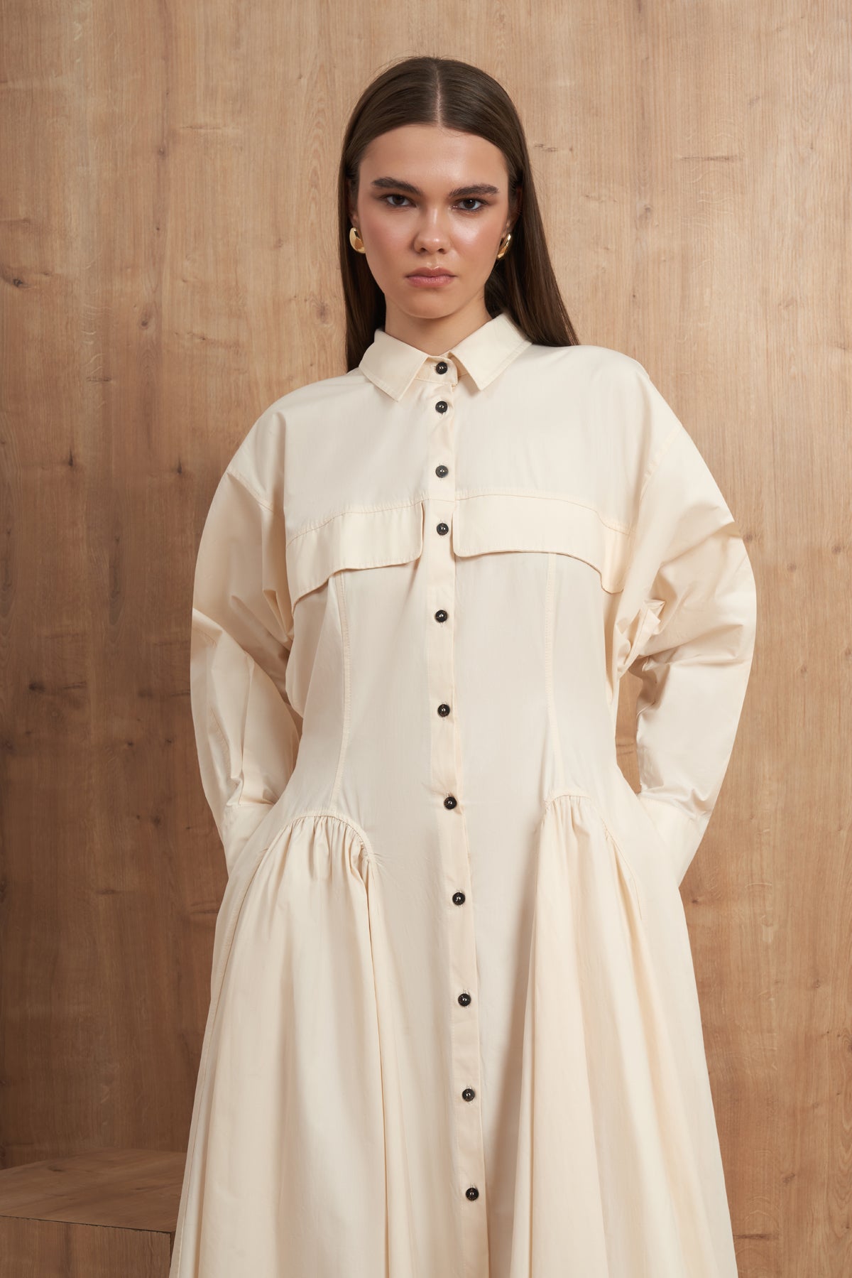 Button-Front Flared Shirt Dress