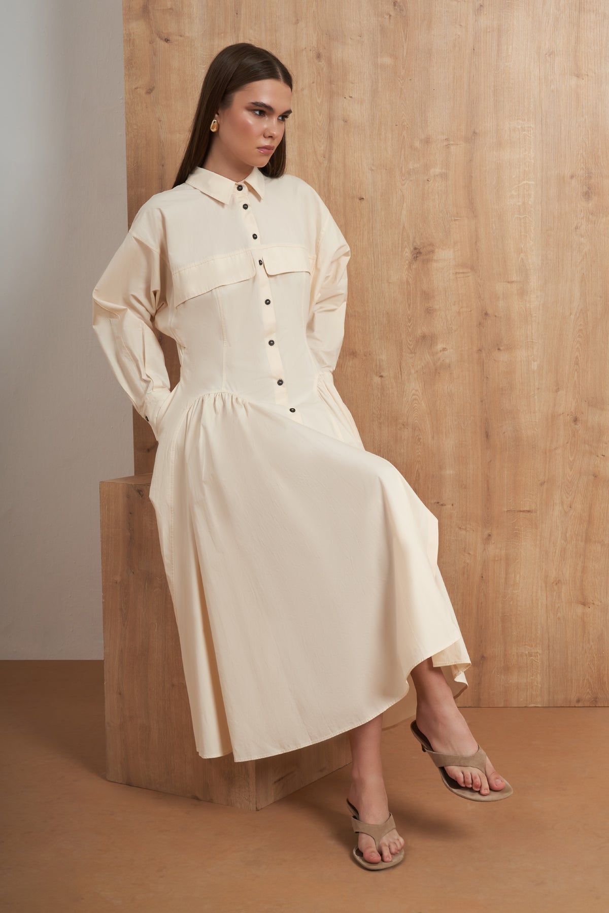 Button-Front Flared Shirt Dress