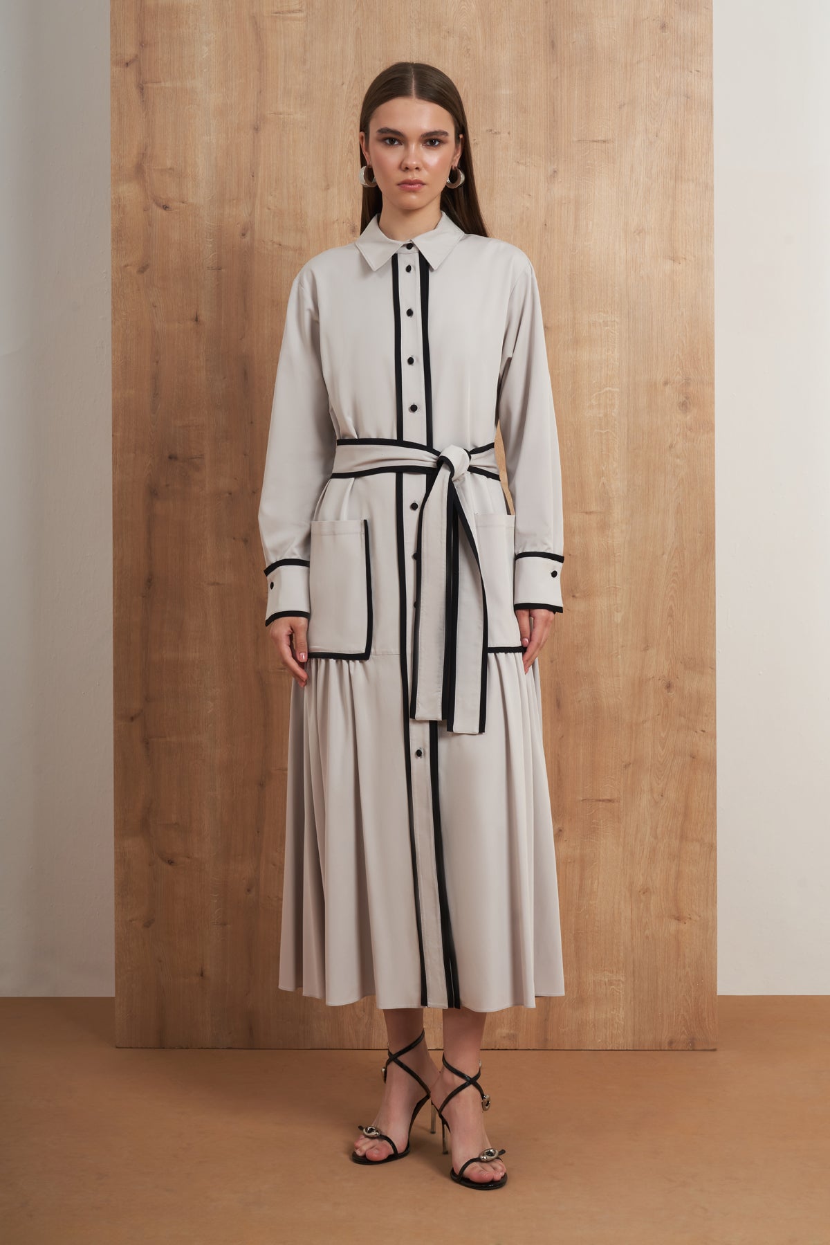 Contrast Trim Belted Shirt Dress