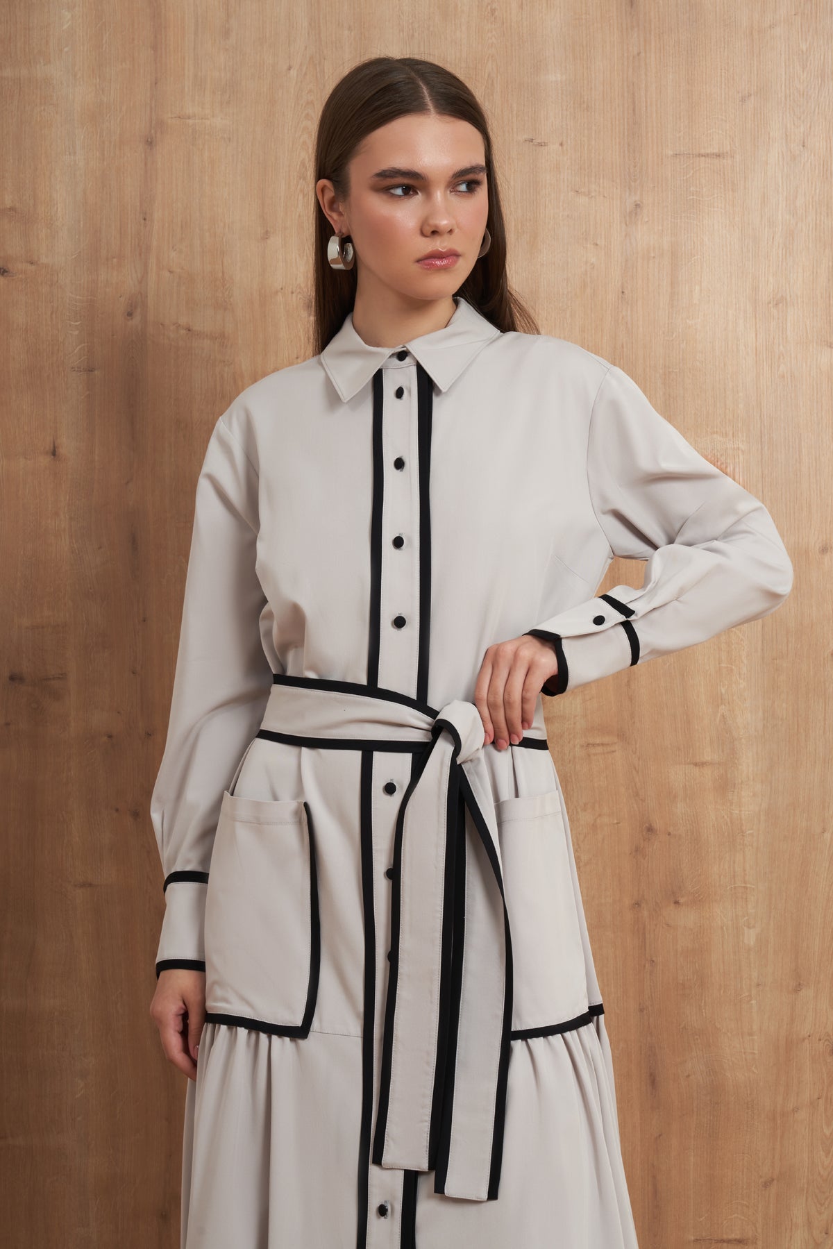 Contrast Trim Belted Shirt Dress